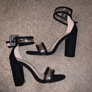 Black/clear straps block heels